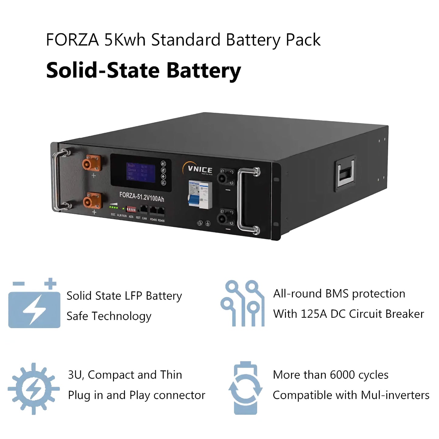 VNICE FORZA-51.2V 100Ah 5Kwh Stackable Semi-Solid State LiFePO4 Battery for Home Energy Storage